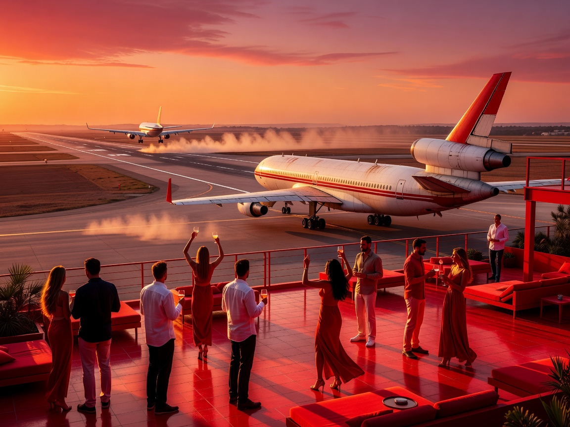 DC-10 Ibiza red terrace and open air airport runway club