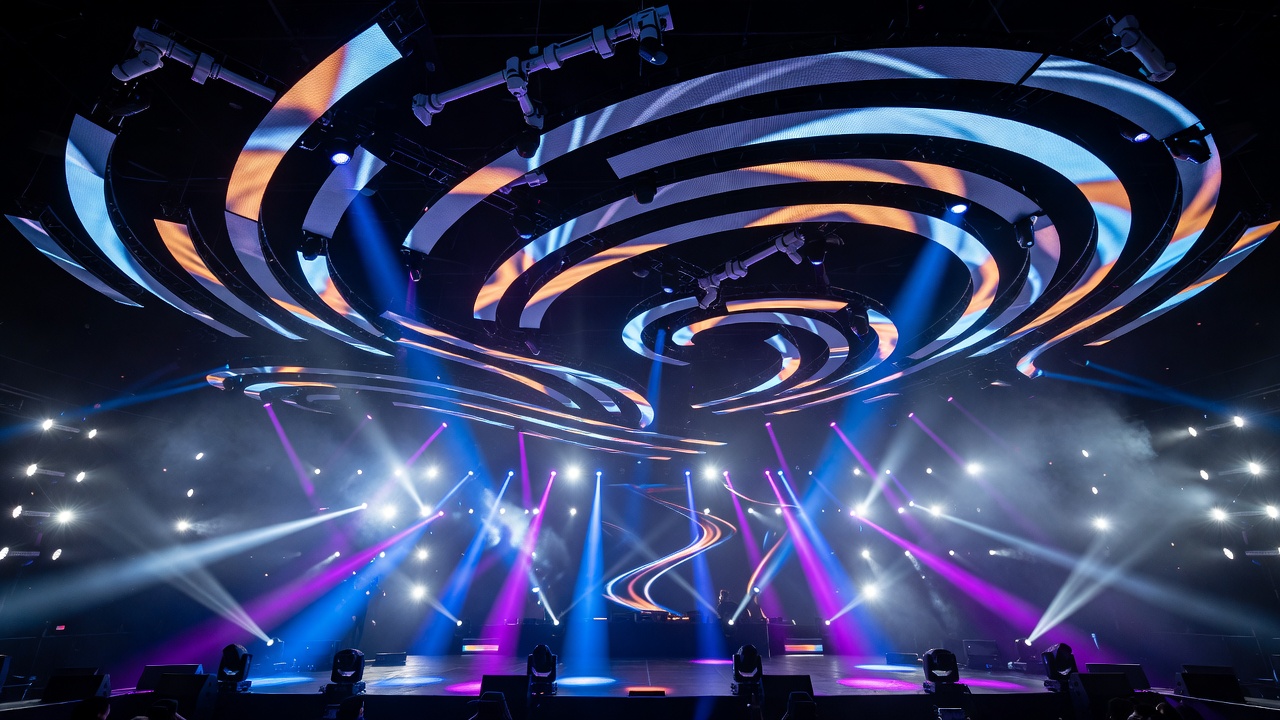 Hï Ibiza Theatre main stage lighting and kinetic ceiling in action
